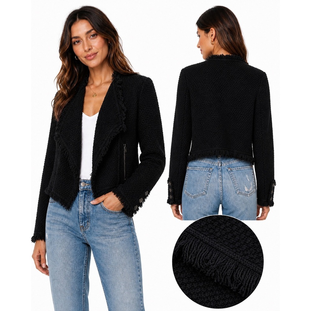 NIC+ZOE Knit Jacket Women Large Black Fringe Trim Open Front Zip Pocket Cardigan